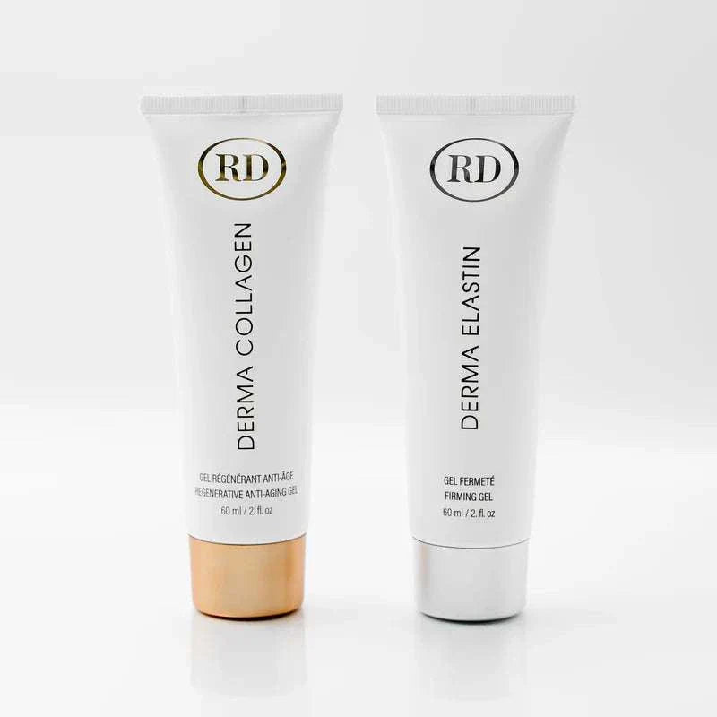 Duo of Derma Collagen anti-aging regenerating gel and Derma Elastin firming gel, 60ml each tub, hypoallergenic and cruelty-free.
