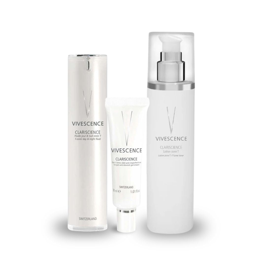 Trio de soins Prévente - Trio Clariscience : flacons blancs et tube blanc au design épuré, avec pompe et bouchons argentés.