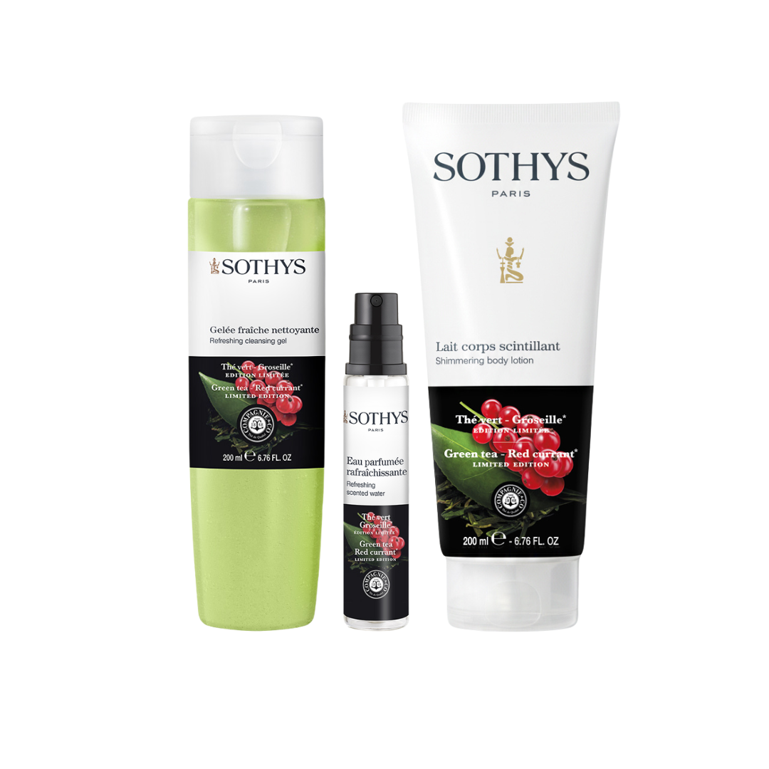 Trio saisonnier avec gelée nettoyante 200 ml thé vert et groseille, lait corps scintillant et eau parfumée estivale