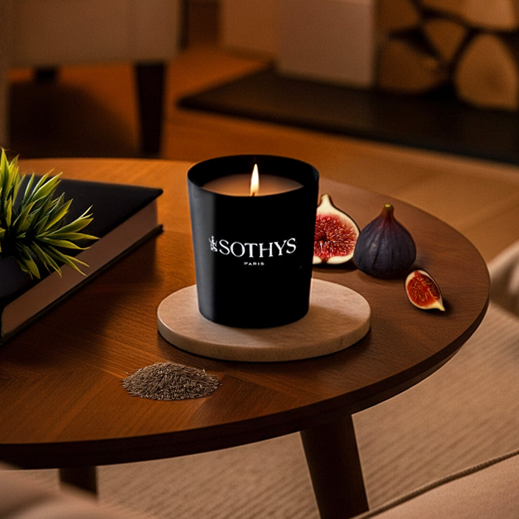 Black SOTHYS bougie parfumée candle with cumin and fig scent on wooden table with figs and cumin seeds.