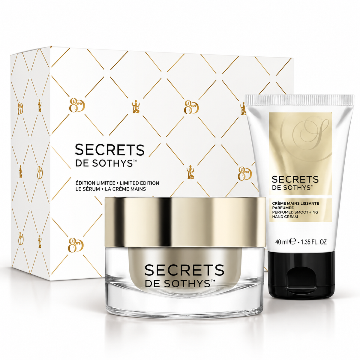 Coffret Secret Crème visage et mains Sothys, écrin blanc à motifs dorés, pots rechargeables 50 ml et 40 ml