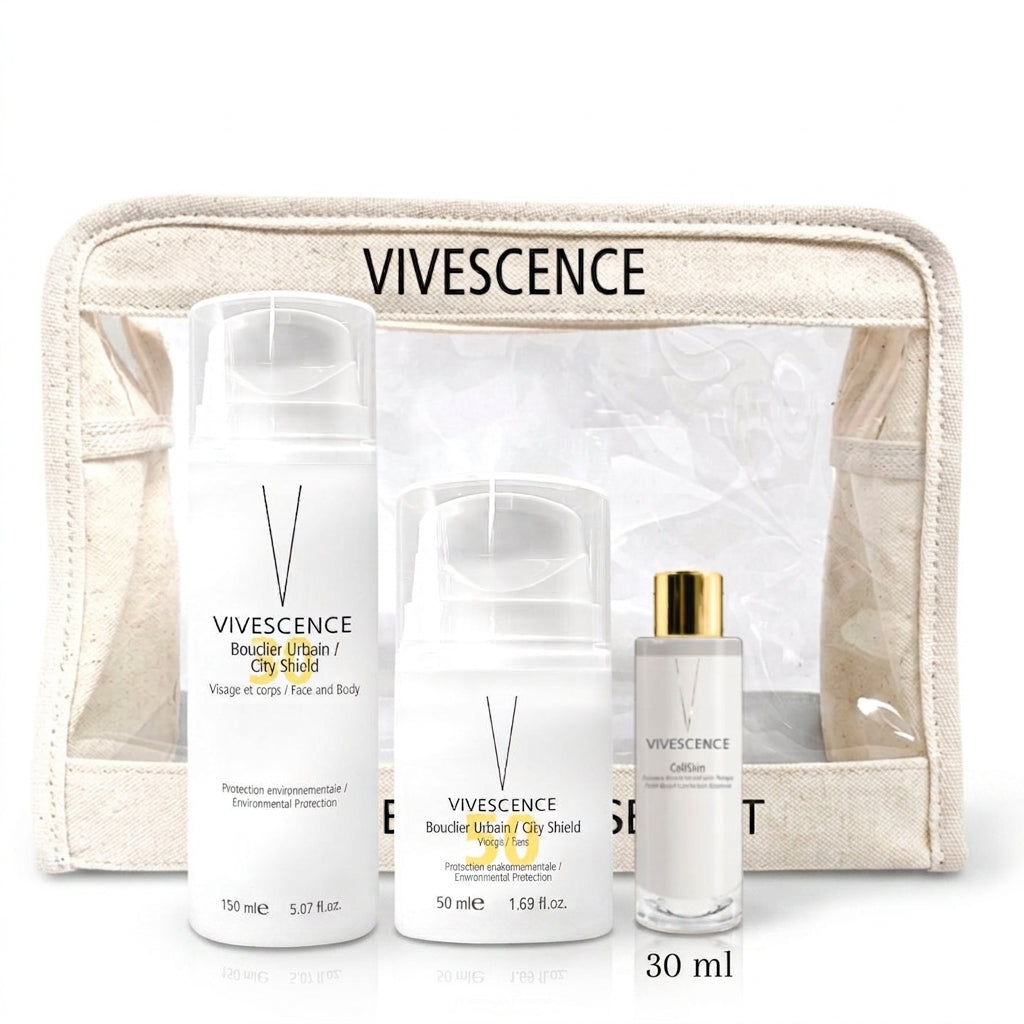 Coffret solaire avec bouclier urbain visage SPF 50 et corps SPF 30, essence légère et pochette Vivescence en cadeau