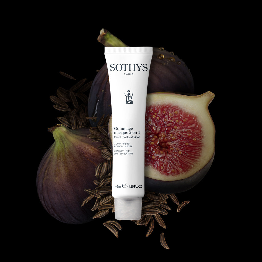 Sothys Gommage masque 2 en 1 exfoliating and moisturizing face mask with cumin and fig, limited edition, 40ml tube with figs and cumin seeds.