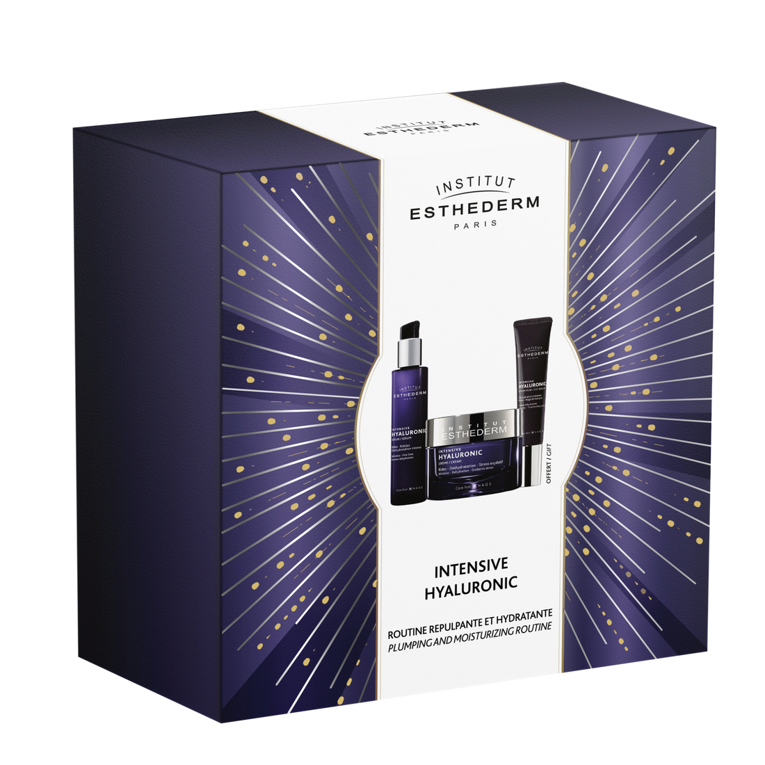 Institut Esthederm Coffret Intensive Hyaluronic skincare set with cream, serum, and eye serum for plumping and moisturizing.