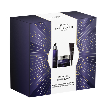 Institut Esthederm Coffret Intensive Hyaluronic skincare set with cream, serum, and eye serum for plumping and moisturizing.