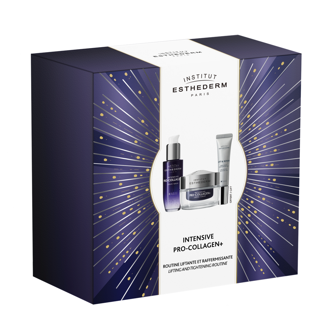 Esthederm Intensive Pro-Collagen+ skincare set with lifting cream, serum, and eye contour treatment in elegant dark purple and gold packaging