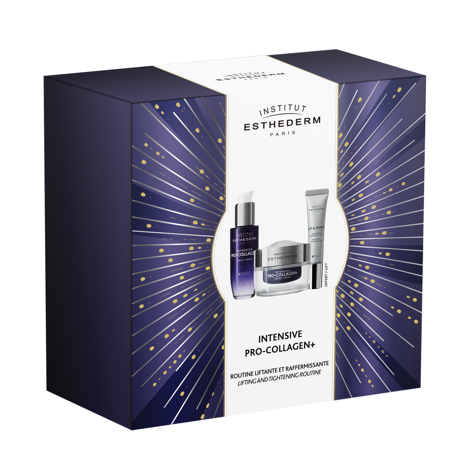 Esthederm Intensive Pro-Collagen+ skincare set with lifting cream, serum, and eye contour treatment in elegant dark purple and gold packaging