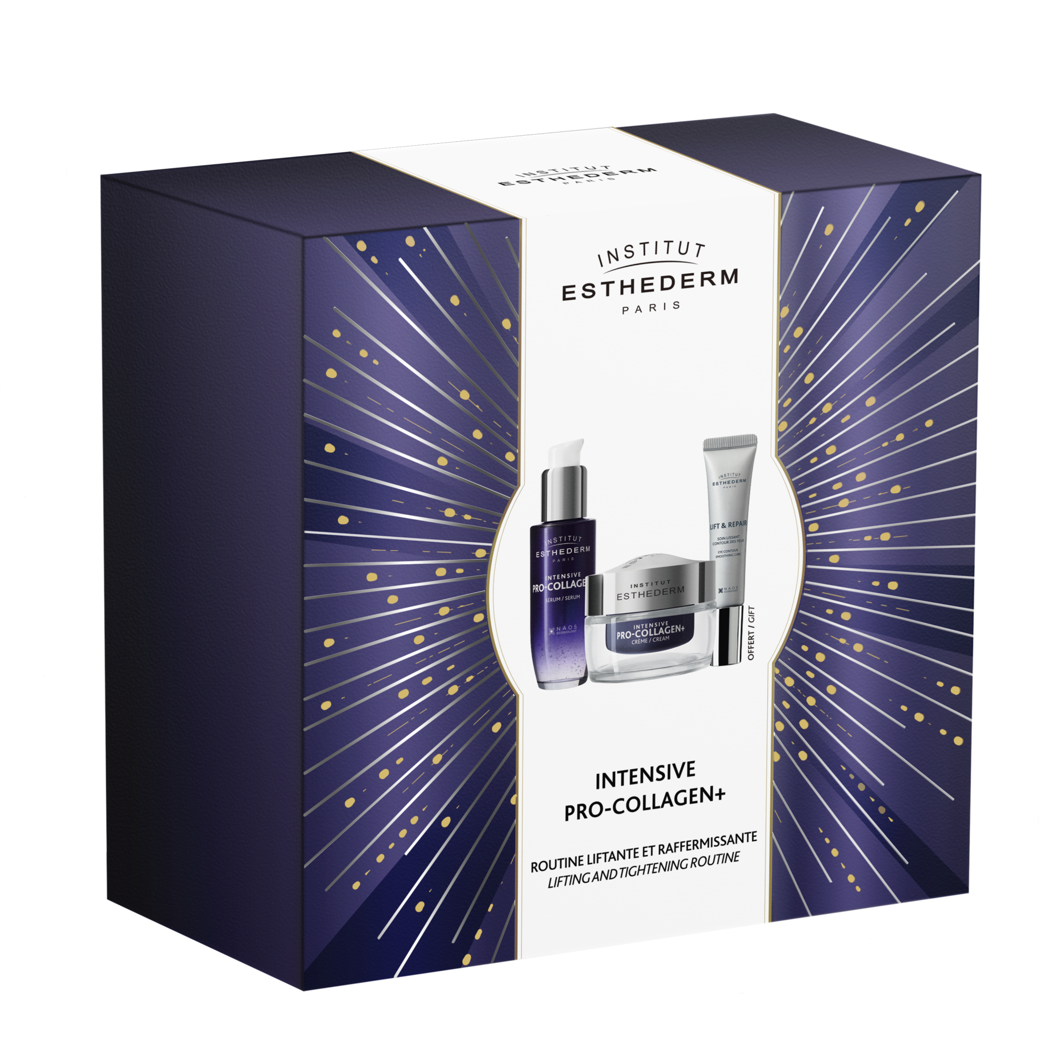 Esthederm Intensive Pro-Collagen+ skincare set with lifting cream, serum, and eye contour treatment in elegant dark purple and gold packaging