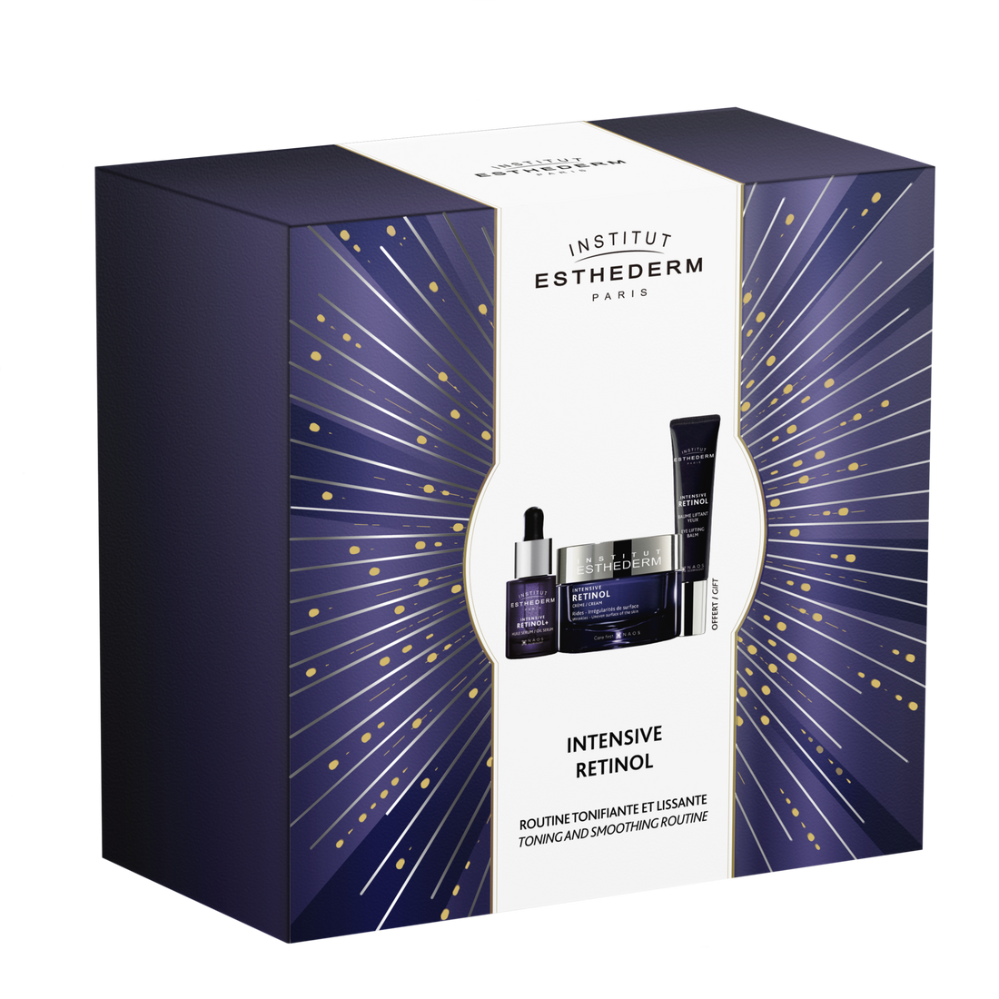 Institut Esthederm Intensive Retinol skincare gift set with cream, serum, and eye balm in decorative purple and gold packaging