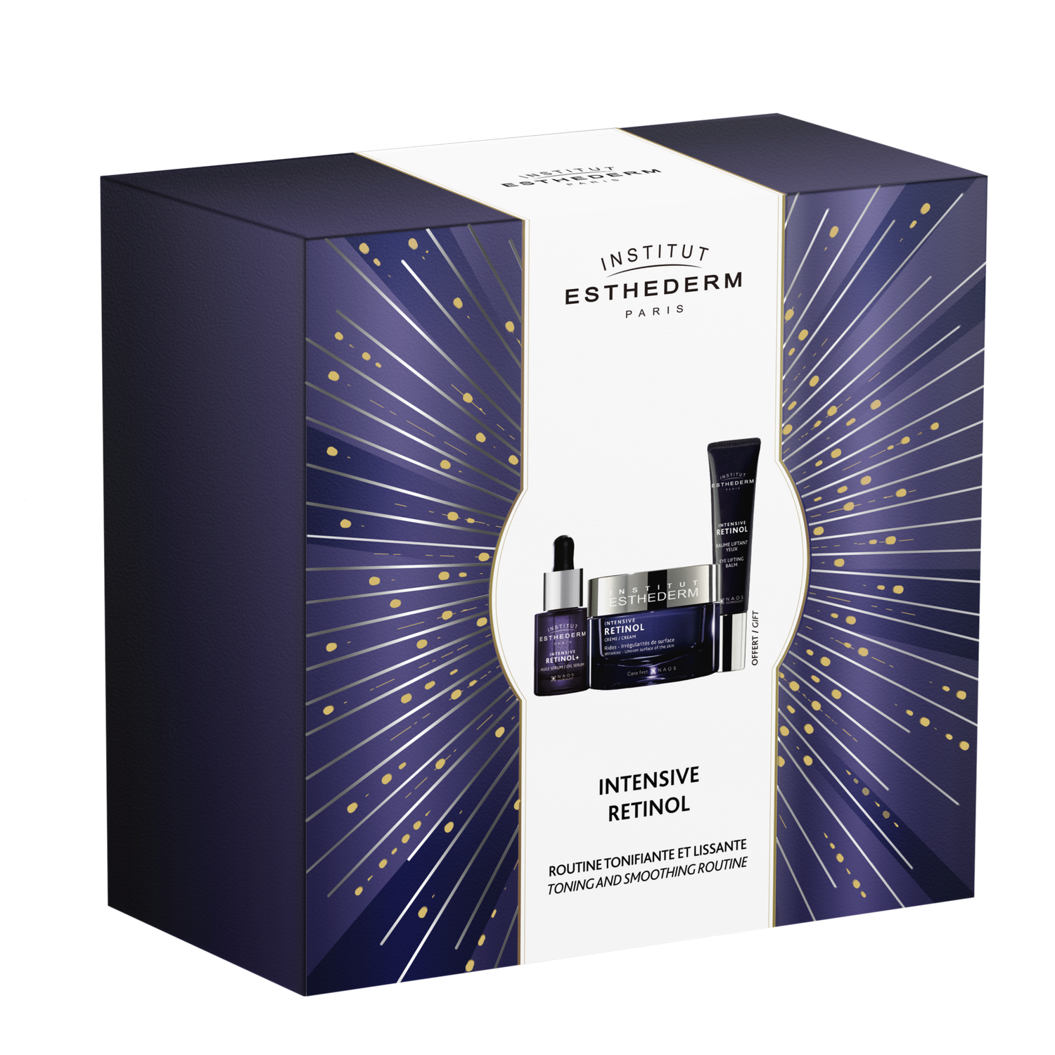 Institut Esthederm Intensive Retinol skincare gift set with cream, serum, and eye balm in decorative purple and gold packaging