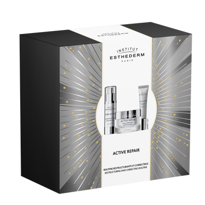 Coffret Active Repair skincare set by Institut Esthederm including wrinkle correcting cream, restructuring serum, and eye care gel for anti-aging and skin firming.