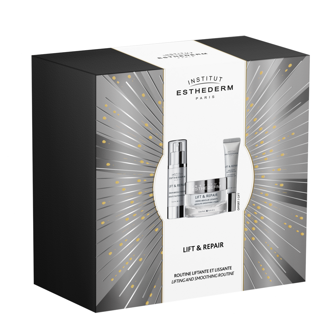 Institut Esthederm Coffret Lift&amp;Repair with lifting and smoothing cream, serum, and eye contour treatment for anti-aging and firming effects.