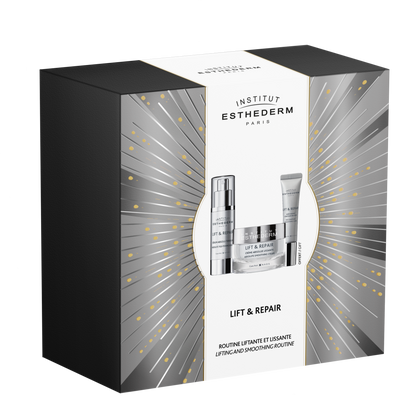 Institut Esthederm Coffret Lift&amp;Repair with lifting and smoothing cream, serum, and eye contour treatment for anti-aging and firming effects.