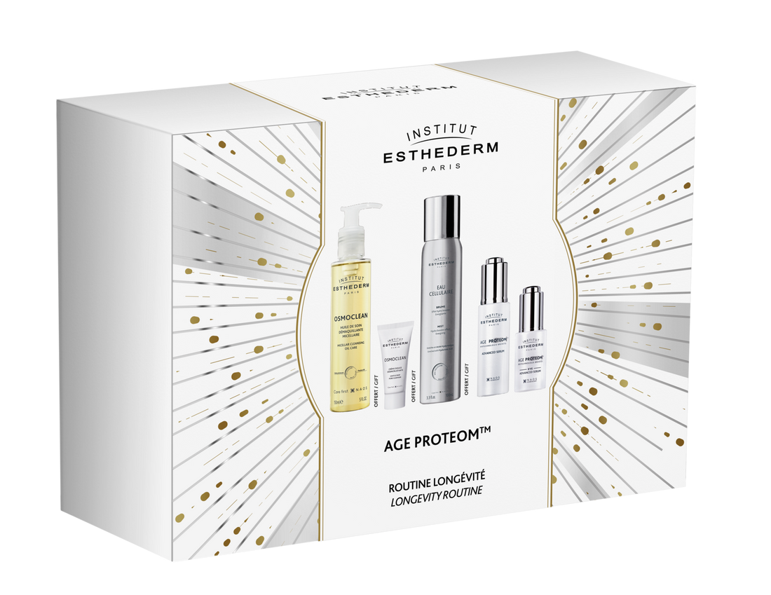 Institut Esthederm Age Proteom longevity skincare set with Sérum Age Proteom and complementary beauty products in white and gold packaging