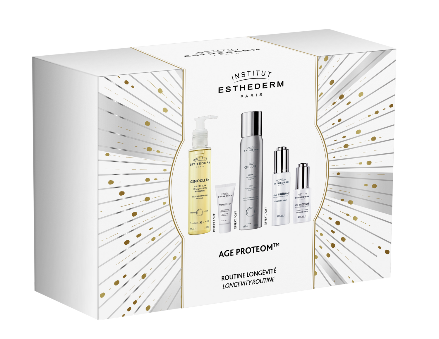 Institut Esthederm Age Proteom longevity skincare set with Sérum Age Proteom and complementary beauty products in white and gold packaging