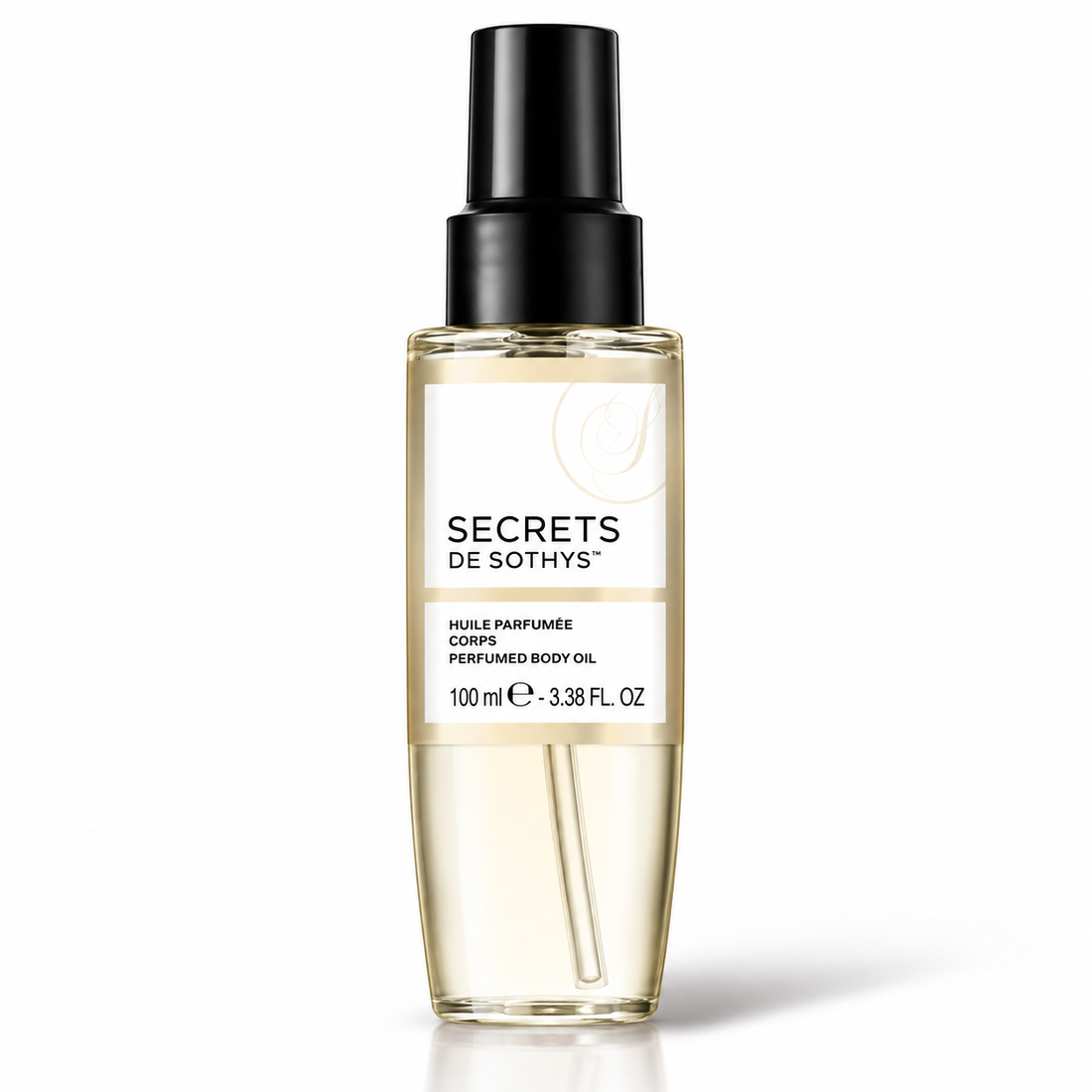 Huile Parfumée Corps Secrets de Sothys en flacon transparent, liquide doré et pompe noire, 100 ml