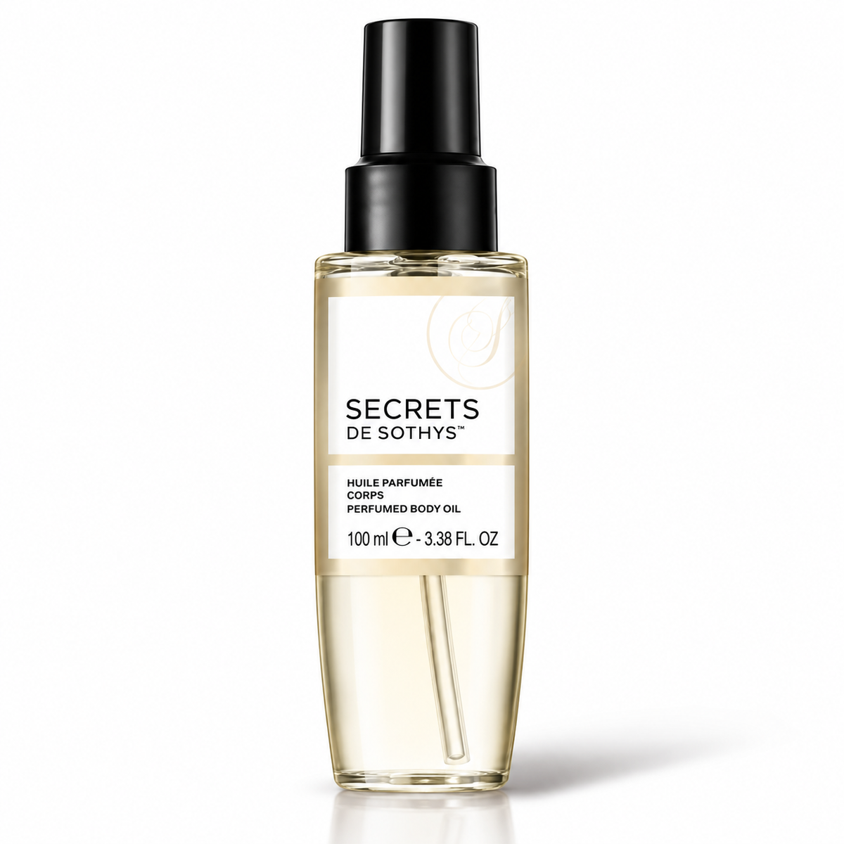 Huile Parfumée Corps Secrets de Sothys en flacon transparent, liquide doré et pompe noire, 100 ml