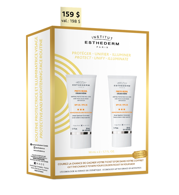 Coffret Photo Regul visage with protective face creams, SPF 25, promotes even tan and reduces sunspots.