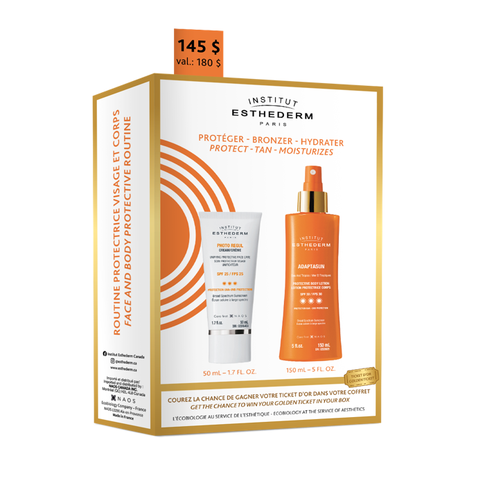 Coffret Adaptasun with Photo Regul face cream SPF 25 and Adaptasun body lotion SPF 30.