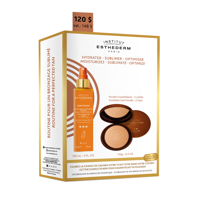 Coffret sublimateur with bi-phase sun care water and bronzing powder.