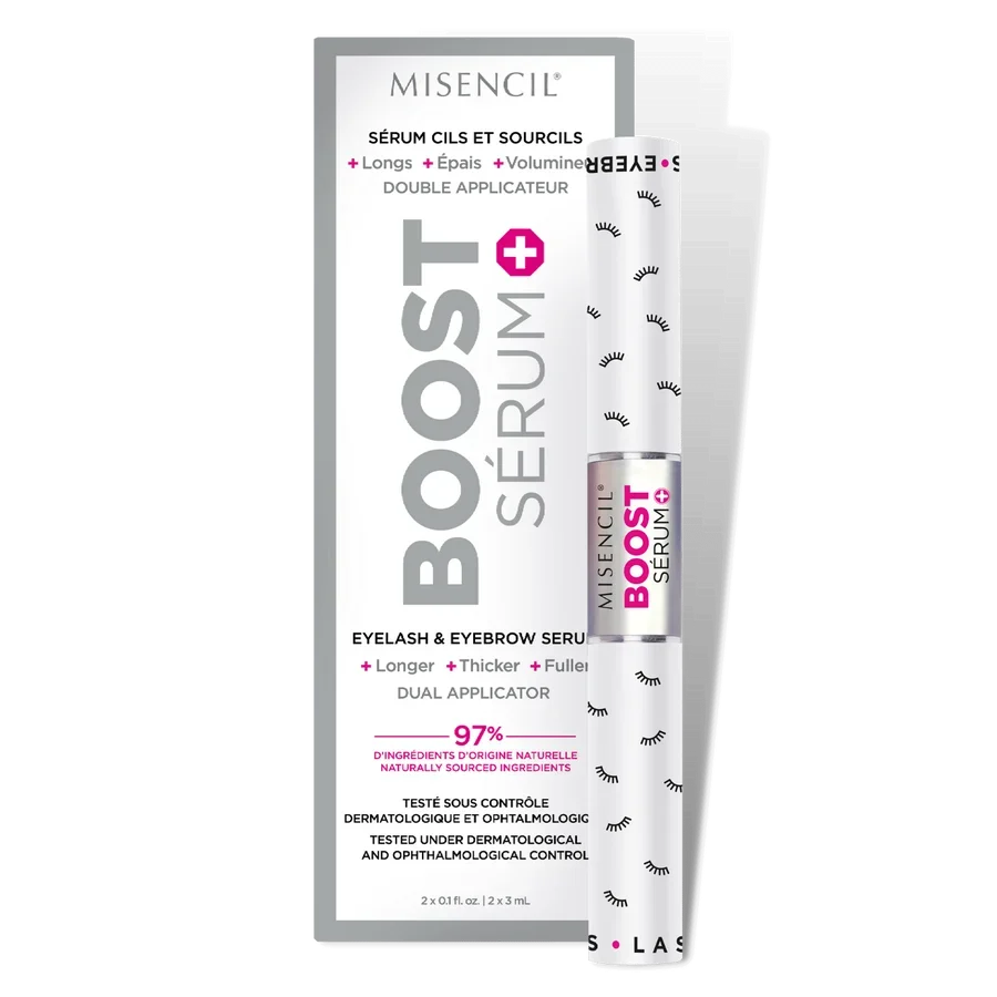 Sérum boost pour cils et sourcils, tube blanc à motifs de cils avec typographie rose et grise, double applicateur.