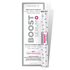 Sérum boost pour cils et sourcils, tube blanc à motifs de cils avec typographie rose et grise, double applicateur.