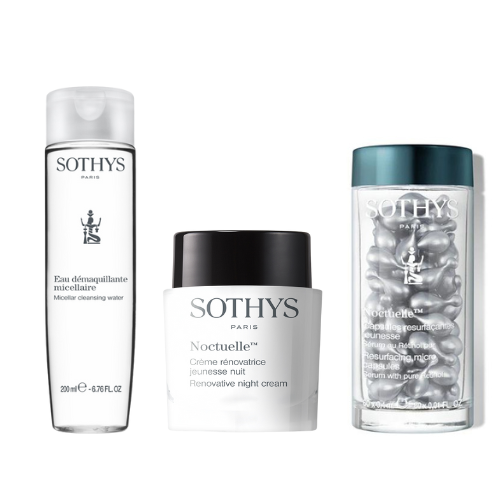 Night firming and anti-wrinkle skincare routine, suitable for all skin types including sensitive skin, featuring micellar water, retinol capsules, and rejuvenating night cream.